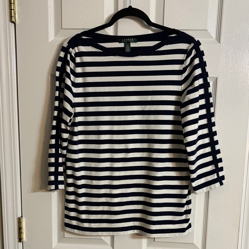Lauren Ralph Lauren Navy & White Striped Boatneck Top